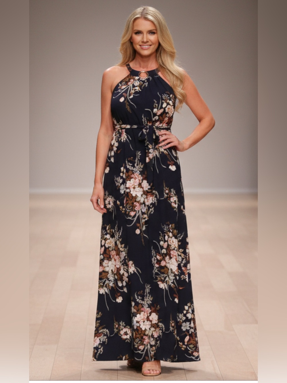 Navy Floral Halter Maxi Dress wedding Euro summmer